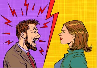Disgruntled cartoon man yelling at an unfazed woman.